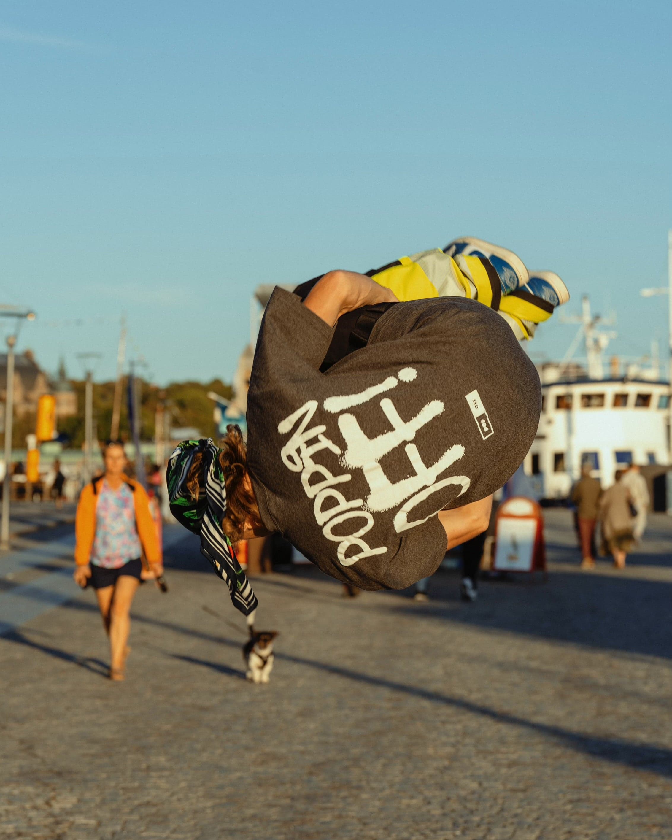 Someone mid backflip on a waterfront promenade, the grey Poppin Off back print upside down